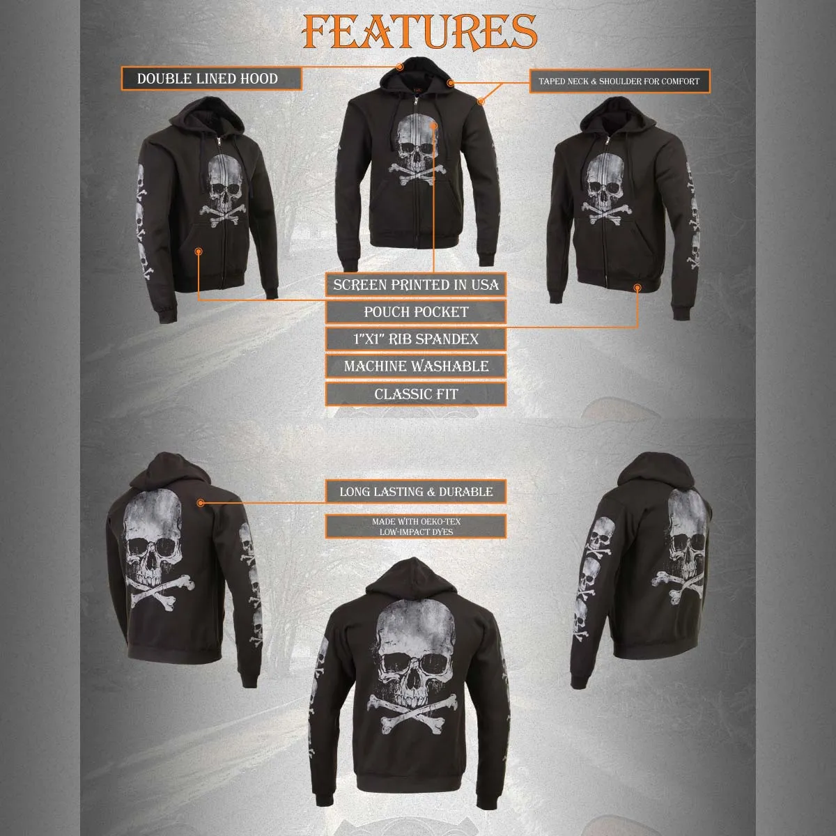 Milwaukee Leather MPMH118003 Men’s ‘Skull and Crossbones’ Black Hoodie with Zipper Closure