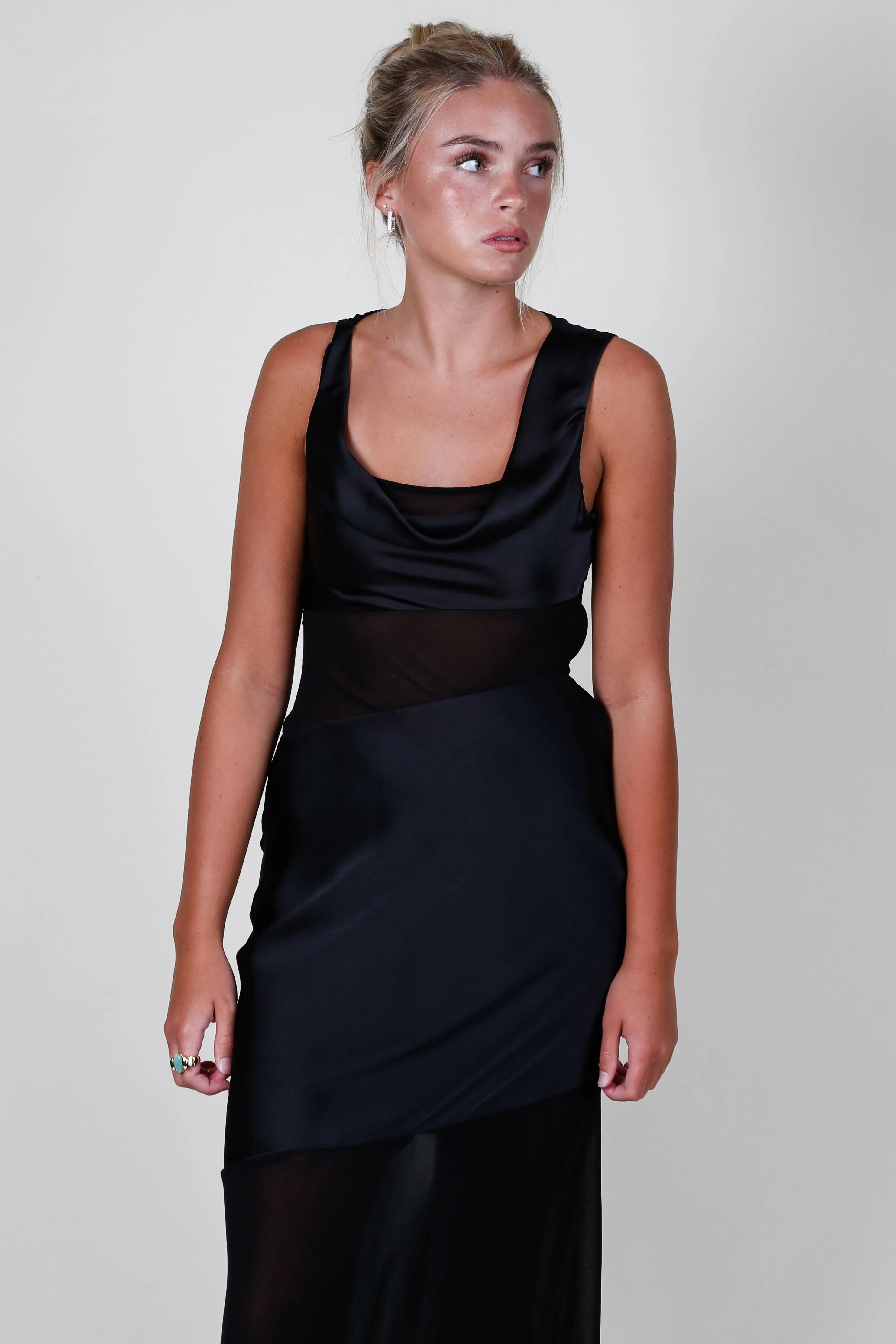 MISHA | Idalia Satin & Georgette Maxi Dress - Black