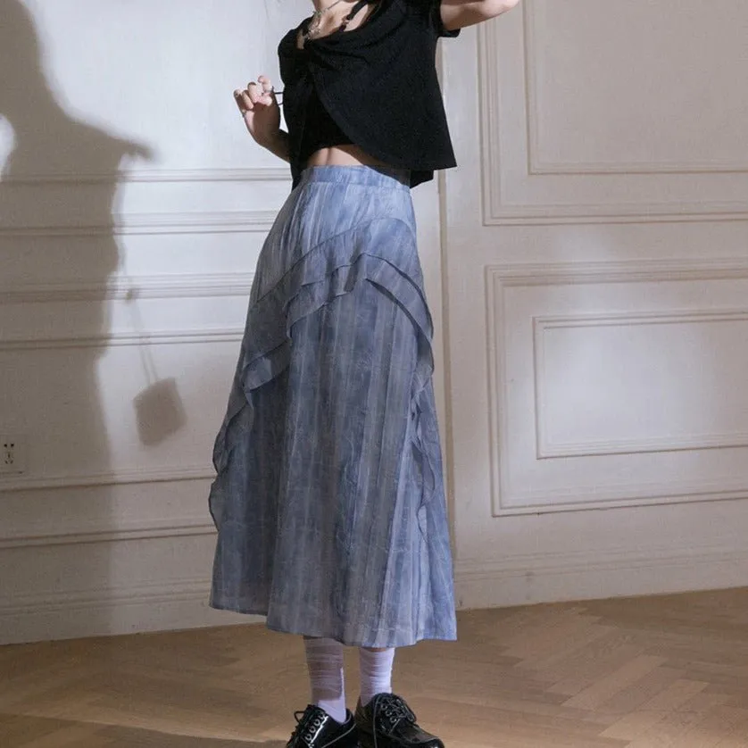 Misty Cascade Denim Maxi Skirt