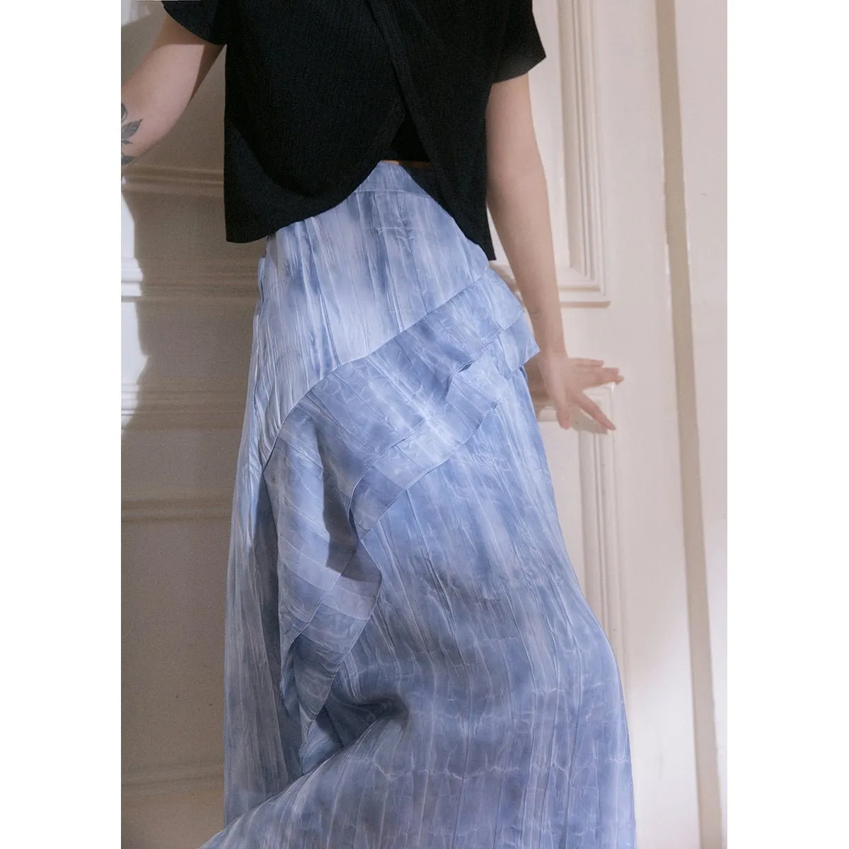 Misty Cascade Denim Maxi Skirt