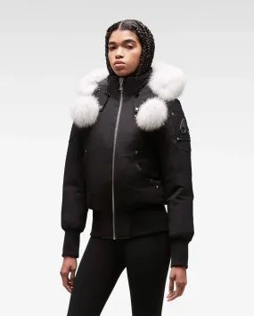 Moose Knuckles Debbie Ladies Bomber Jacket in Black with White Fur