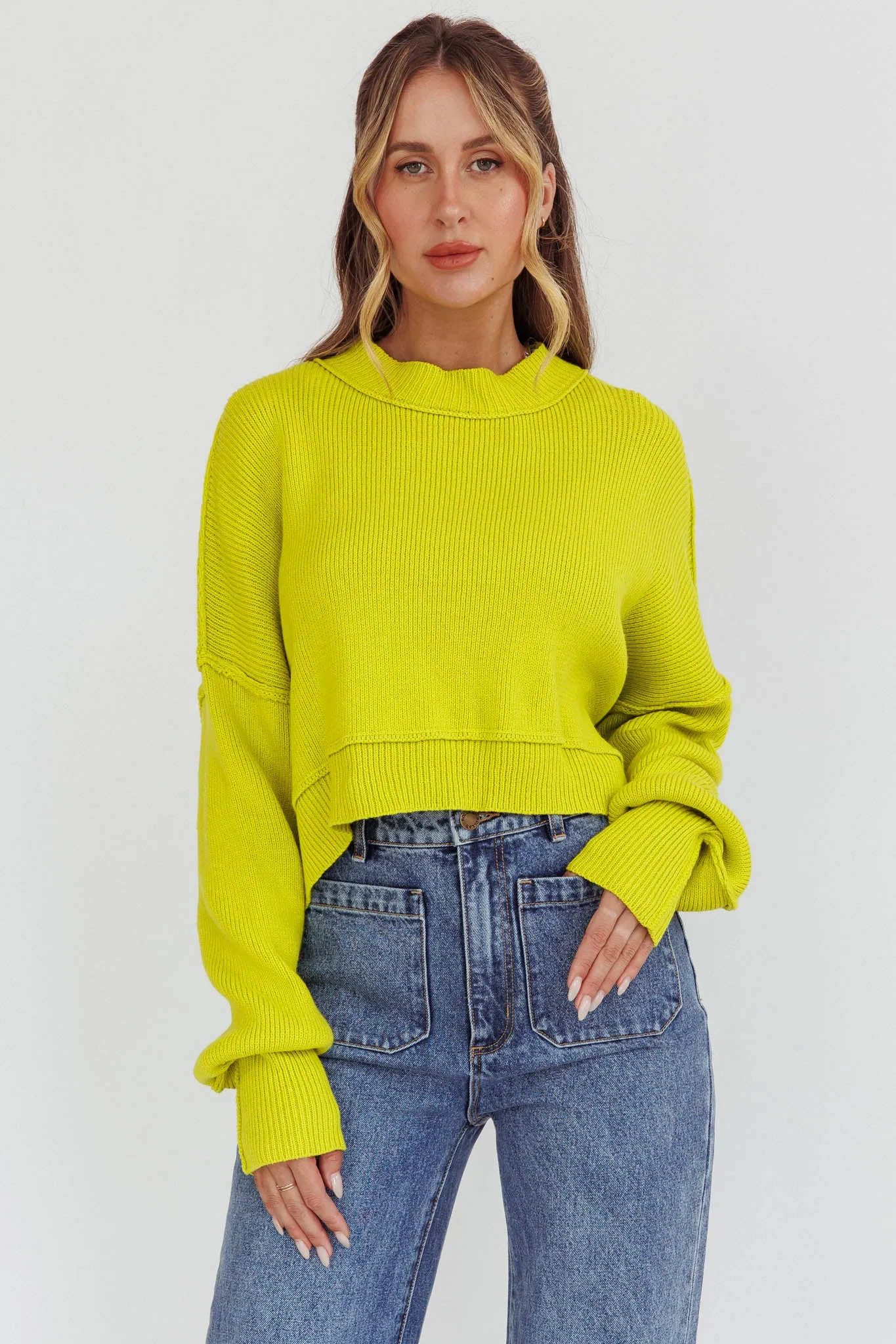 Morning Frost Crop Ribbed Knit Sweater Green