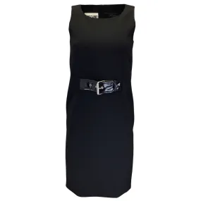 Moschino Couture Black Patent Leather Belted Sleeveless Crepe Midi Dress