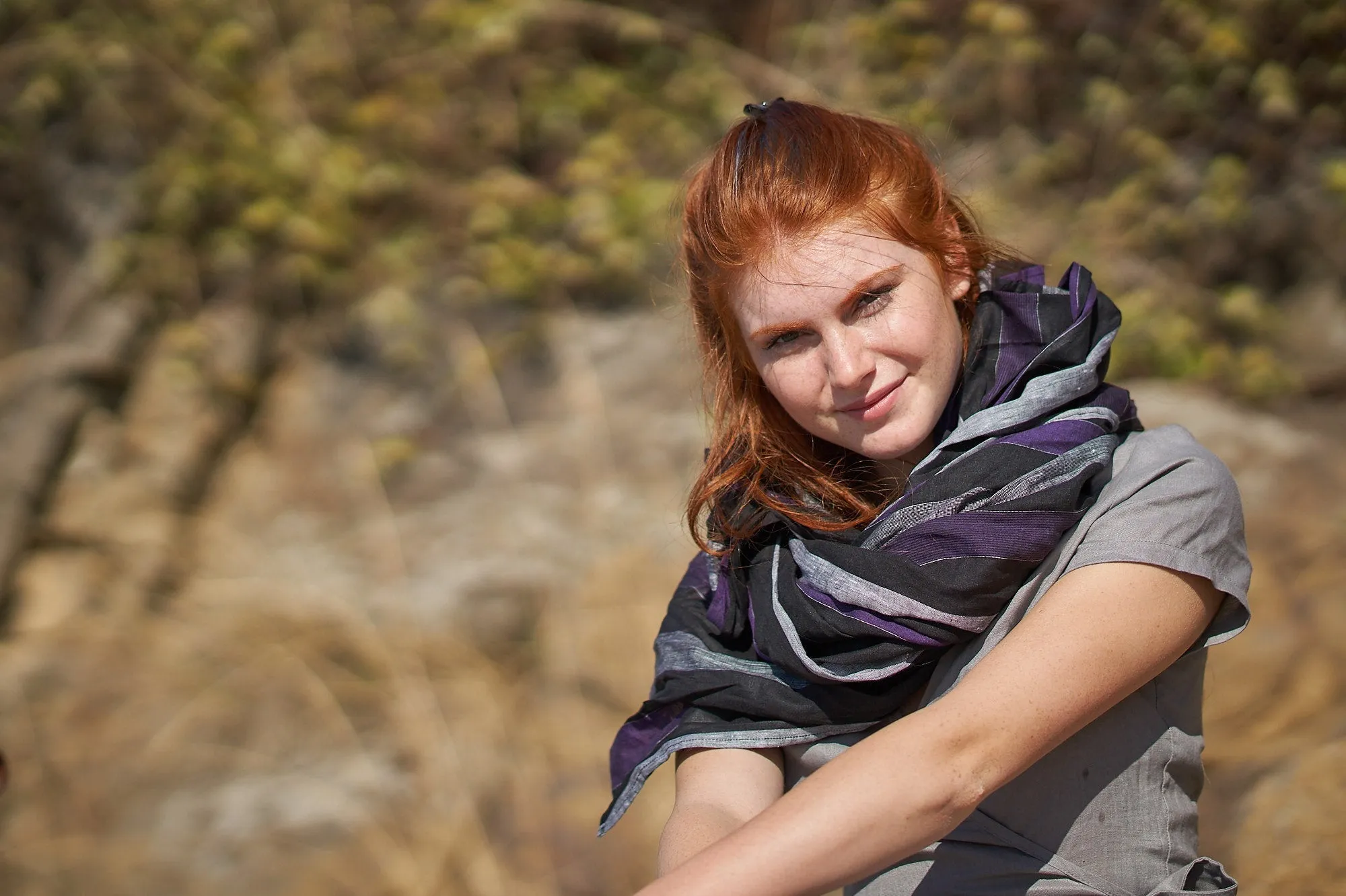 Mustard Striped Natural Linen Scarf