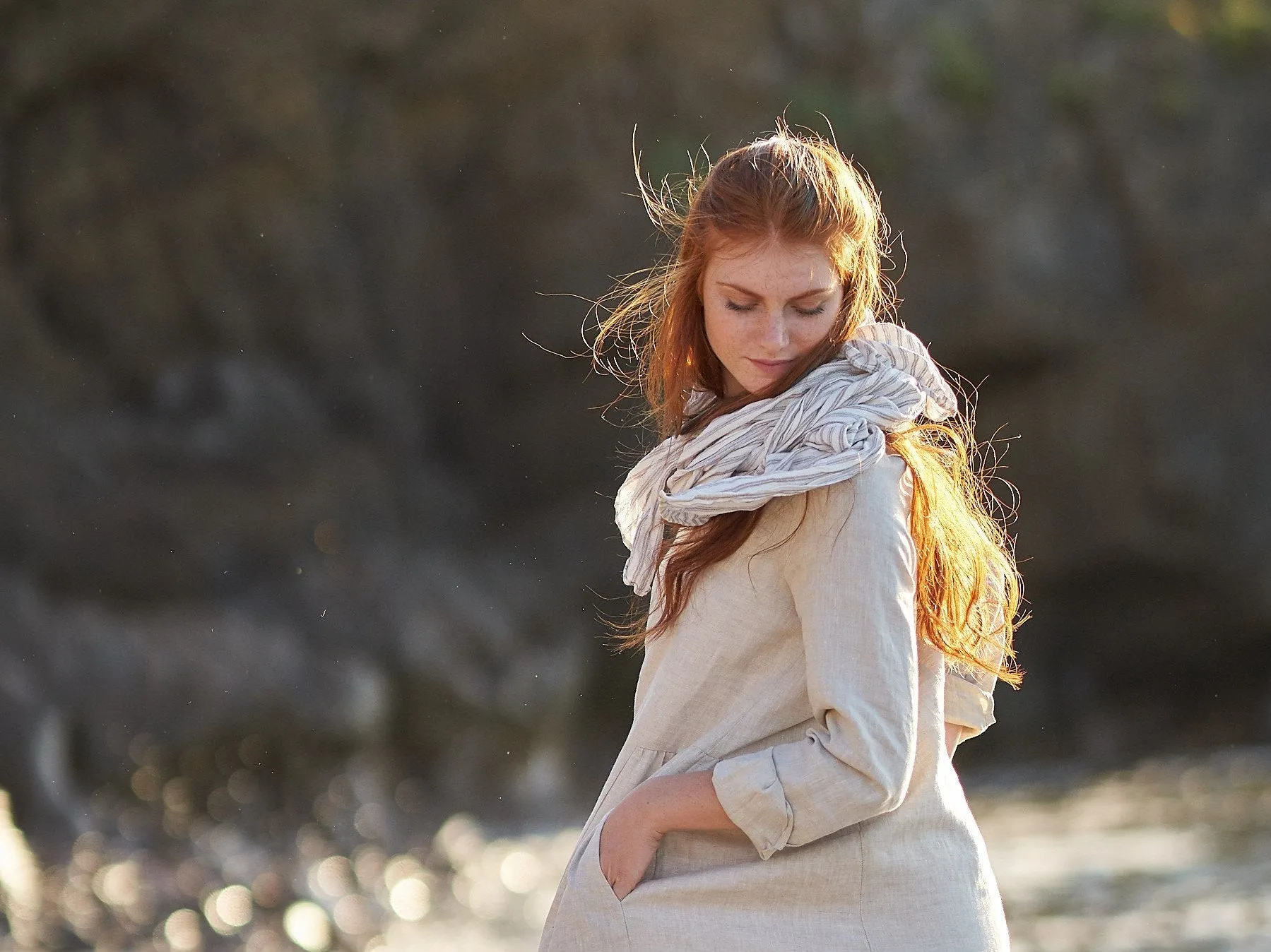 Mustard Striped Natural Linen Scarf