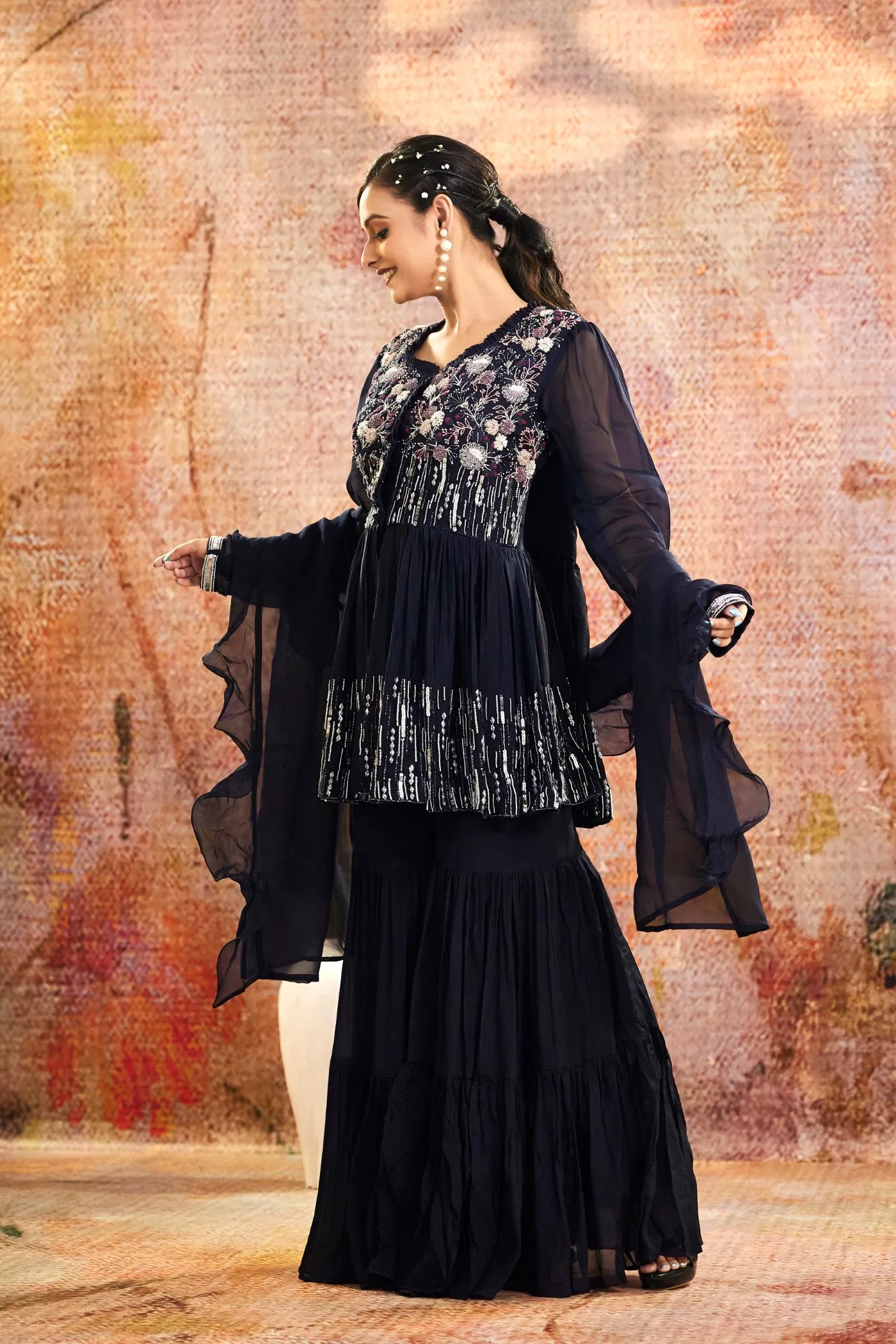 Navy Blue Embellished Pure Crepe Silk Sharara Set