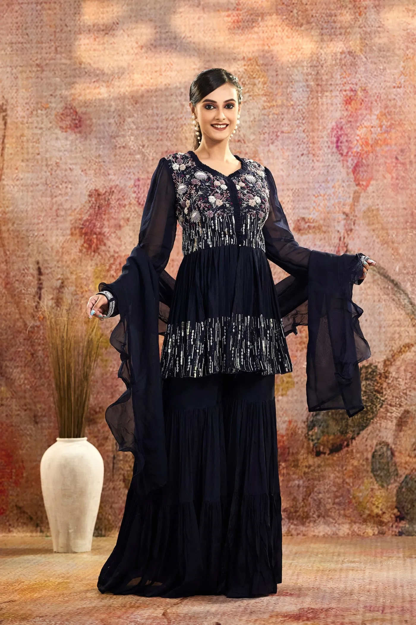 Navy Blue Embellished Pure Crepe Silk Sharara Set