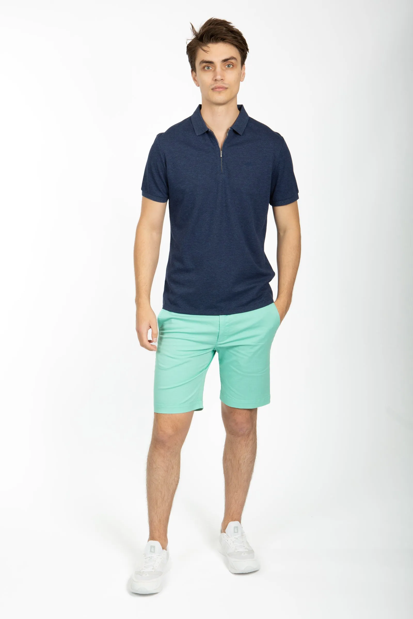 Navy Marle Cotton Pique Zip Polo