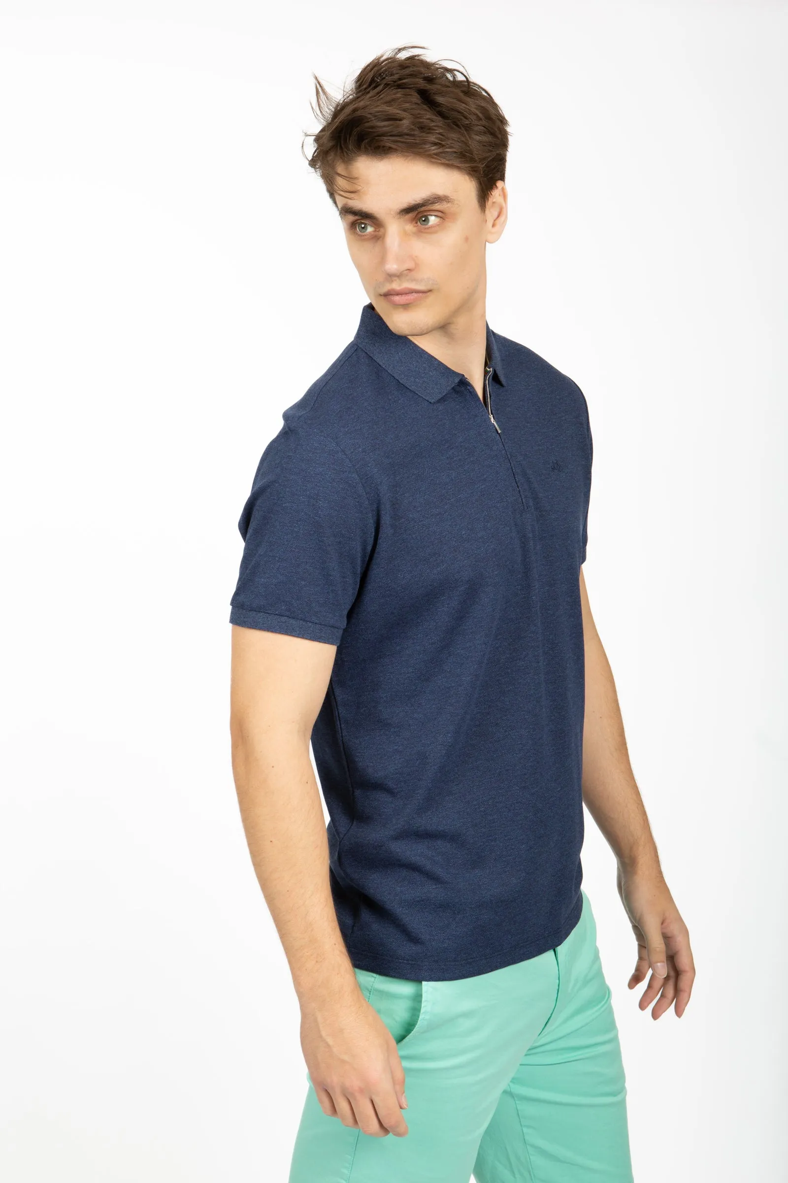 Navy Marle Cotton Pique Zip Polo