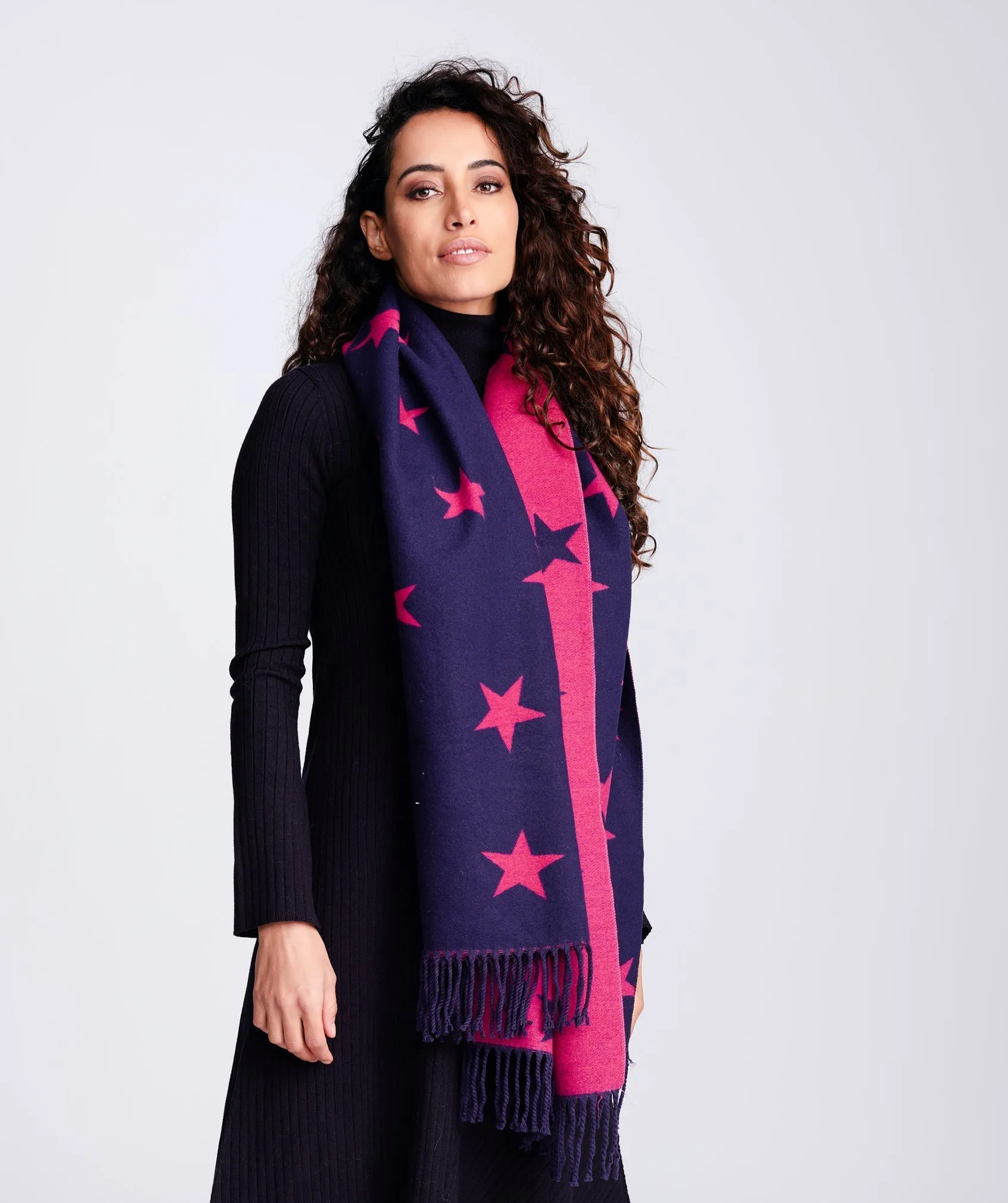 Navy Pink Reversible Star Pattern Winter Scarf