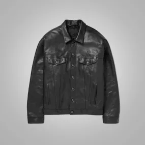 New Army Black Suede Shearling Leather Trucker Jacket For Men