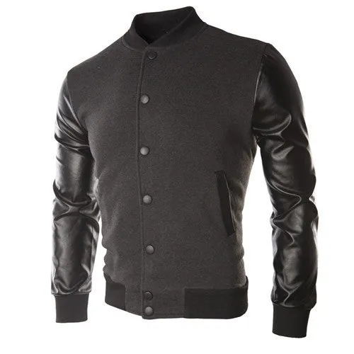 New Men Sweater PU Leather Collar Sweater Personalized Baseball Stitching Clothes Man Jacket Plus Size M-4XL