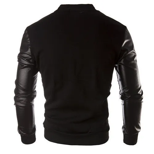 New Men Sweater PU Leather Collar Sweater Personalized Baseball Stitching Clothes Man Jacket Plus Size M-4XL