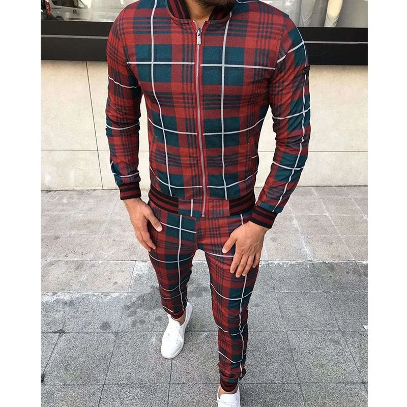 New Men's Leisure Suits Tracksuits Men Grid Two-piece Patchwork Zipper Tracksuits Small leg Trouser Sportswear 2021 New Man Sets