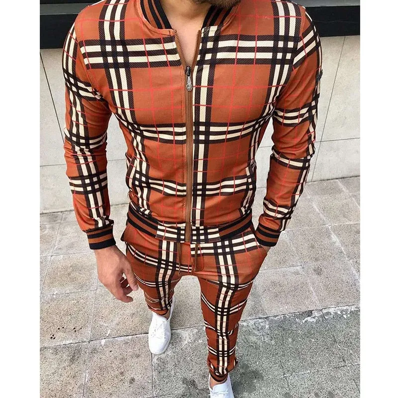 New Men's Leisure Suits Tracksuits Men Grid Two-piece Patchwork Zipper Tracksuits Small leg Trouser Sportswear 2021 New Man Sets