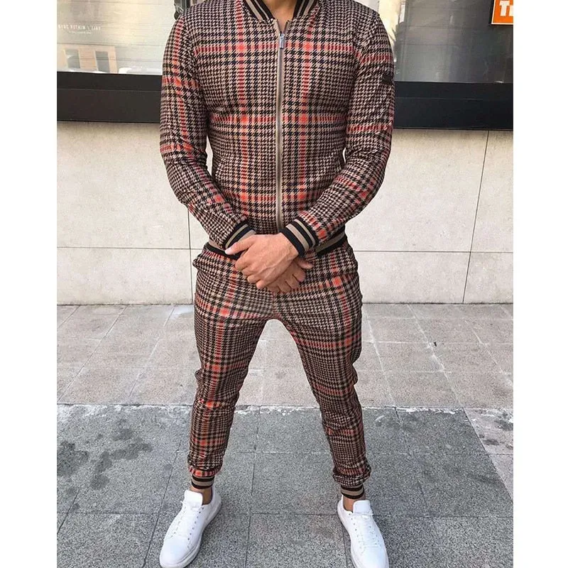 New Men's Leisure Suits Tracksuits Men Grid Two-piece Patchwork Zipper Tracksuits Small leg Trouser Sportswear 2021 New Man Sets