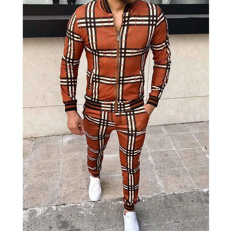 New Men's Leisure Suits Tracksuits Men Grid Two-piece Patchwork Zipper Tracksuits Small leg Trouser Sportswear 2021 New Man Sets