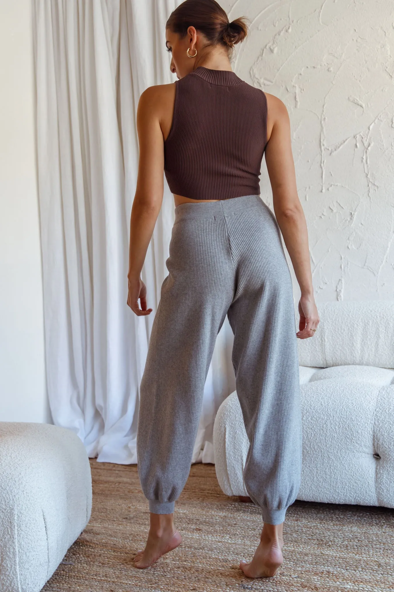 New Soul Drawstring Ribbed Knit Jogger Pants Grey Marle