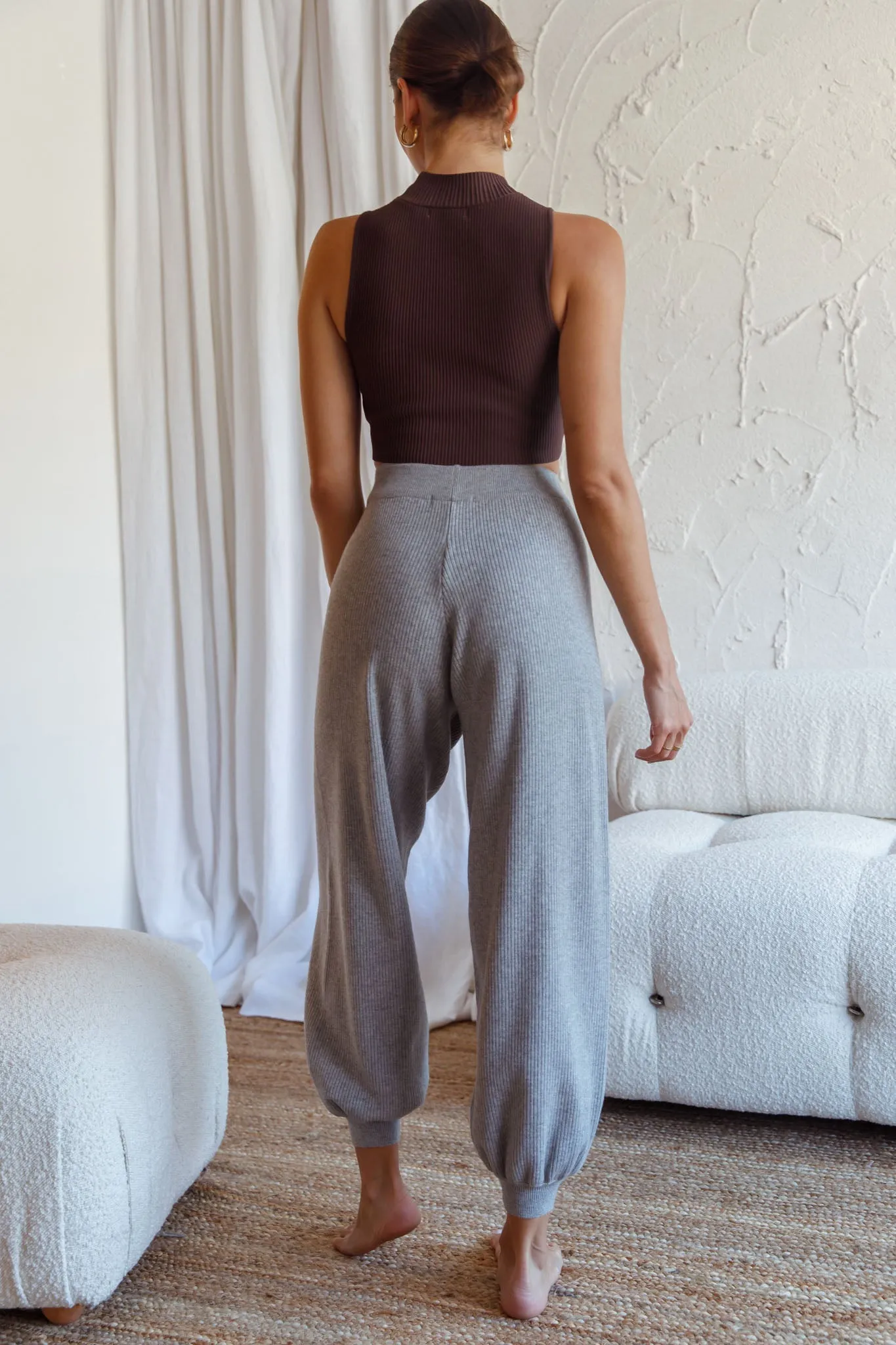 New Soul Drawstring Ribbed Knit Jogger Pants Grey Marle