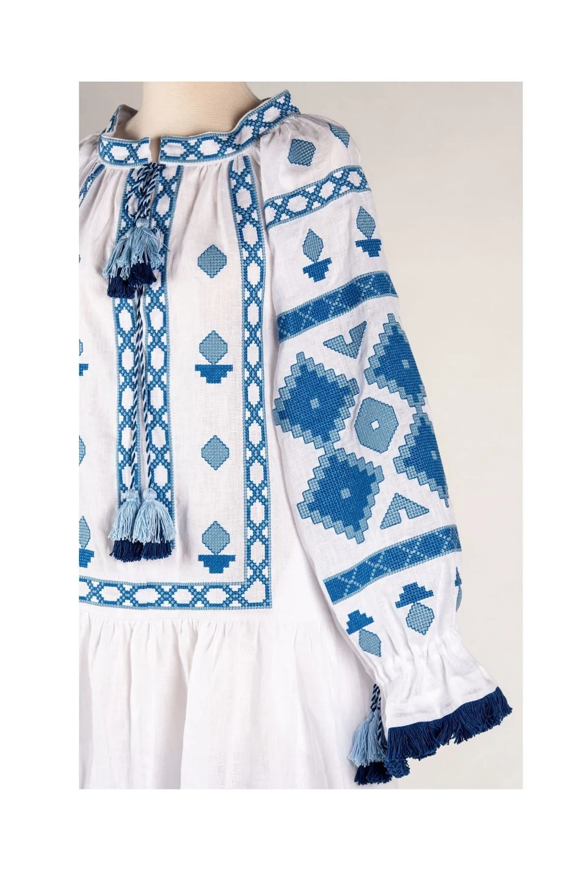 Nomeda Embroidered Ukrainian Dress - White, Blue