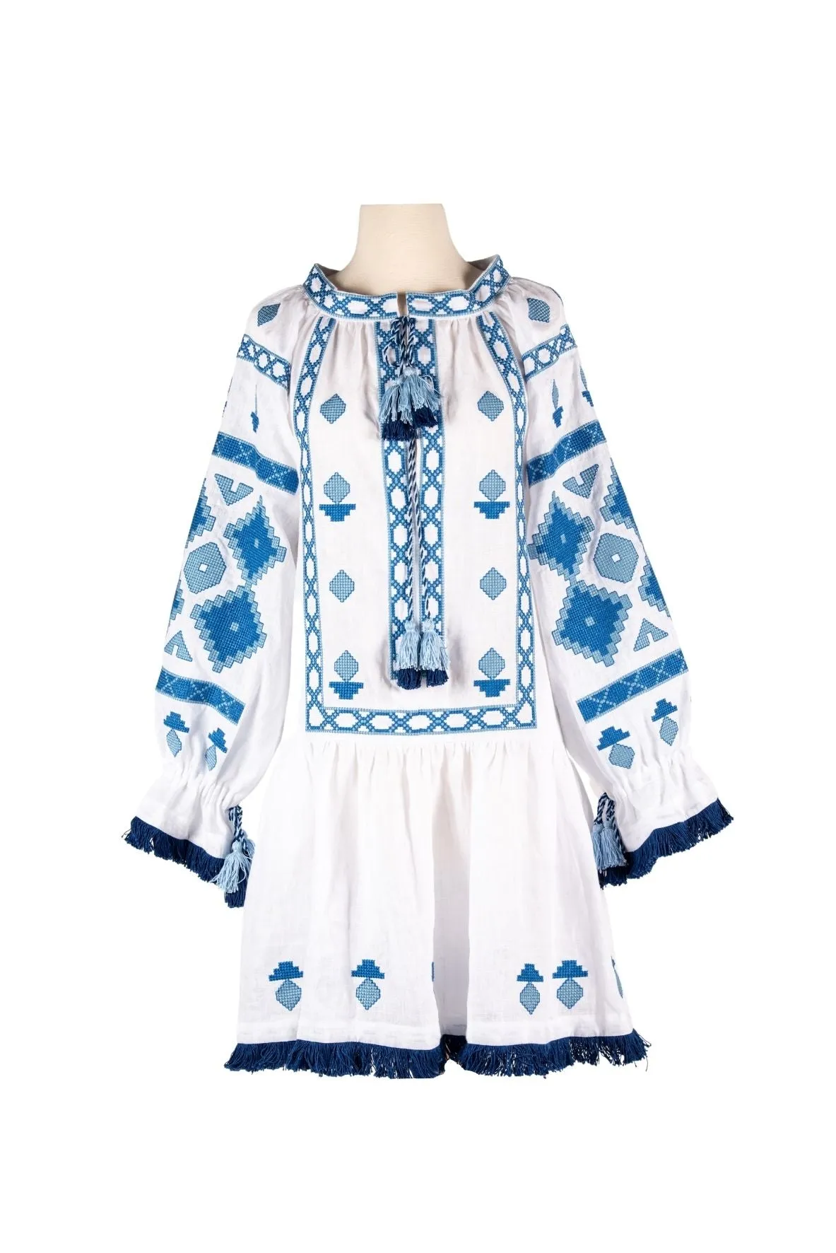 Nomeda Embroidered Ukrainian Dress - White, Blue