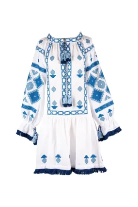 Nomeda Embroidered Ukrainian Dress - White, Blue