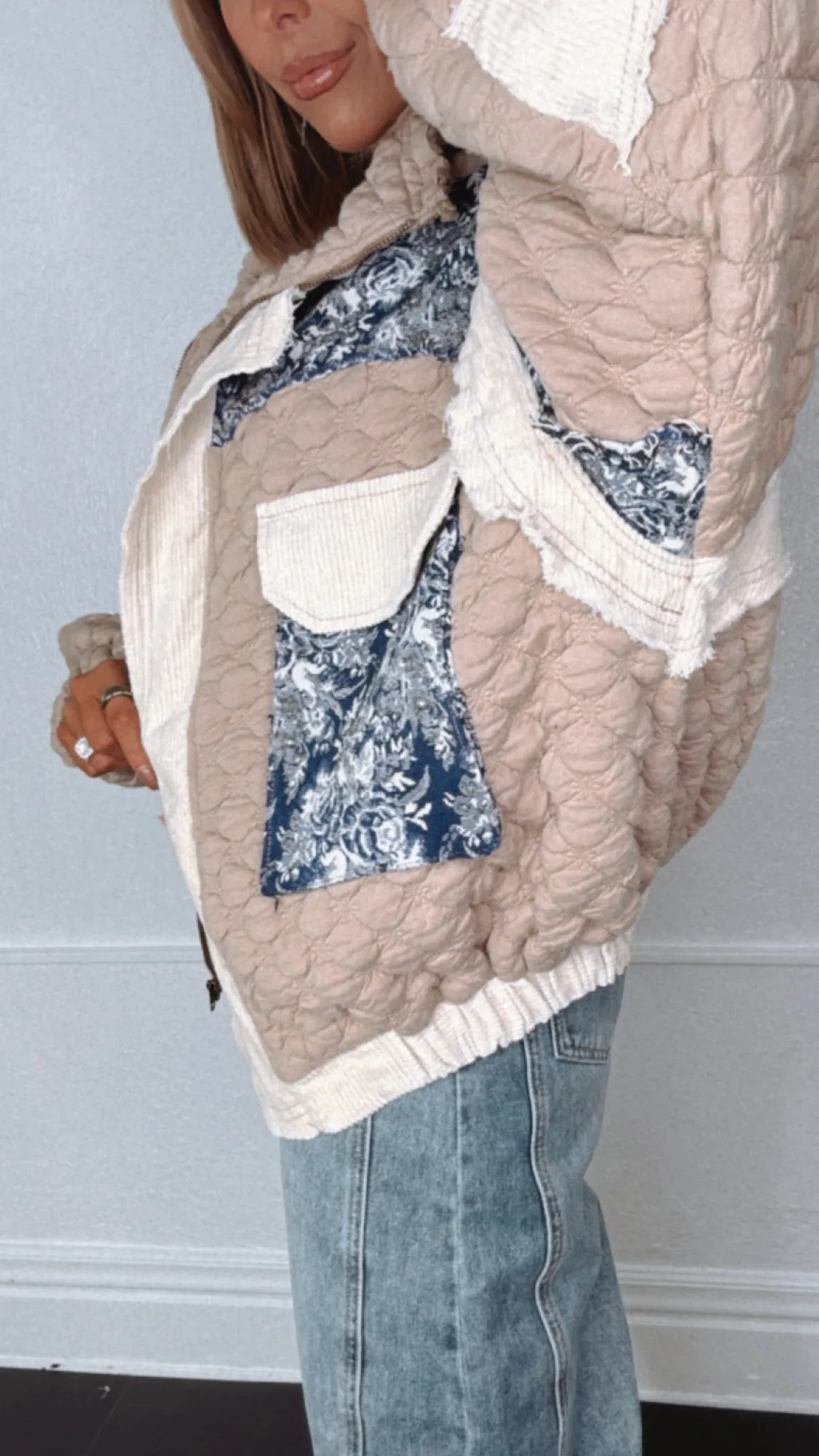 Now Trending Oversized Contrast Quilted Jacket, Tan/Denim Blue