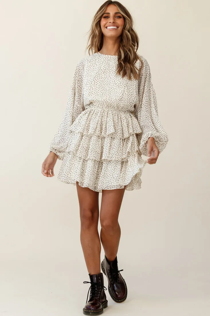 Odessa Long Sleeve Layered Ruffle Dress Speckle Print Beige