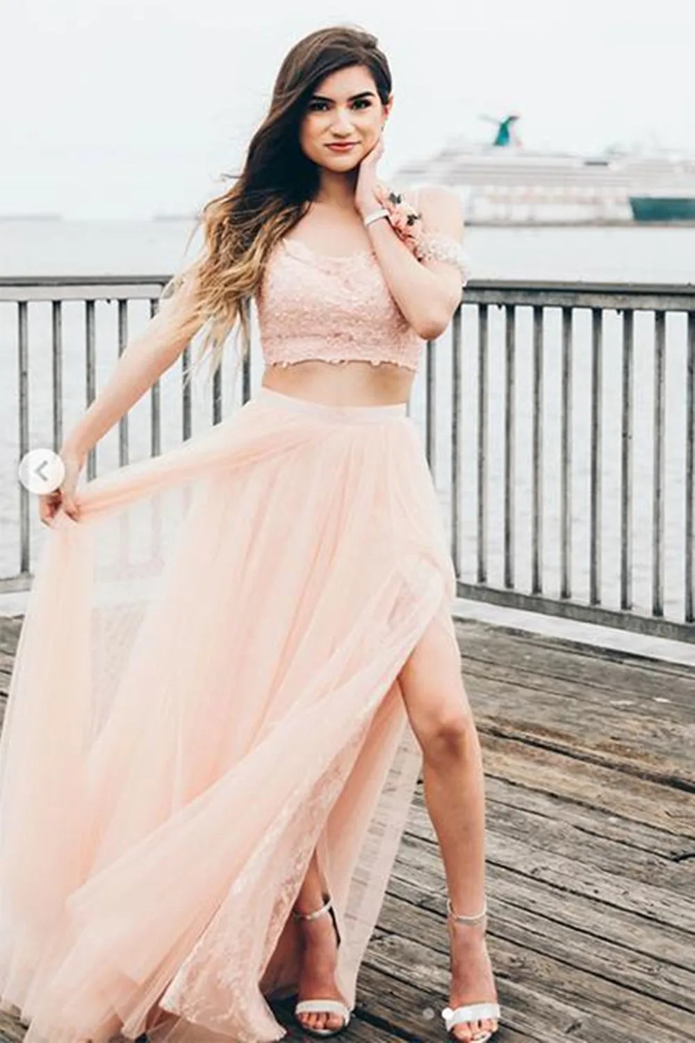 Off the Shoulder Two Pieces Pink Lace Long Prom, 2 Piece Pink Formal, Off Shoulder Pink Evening