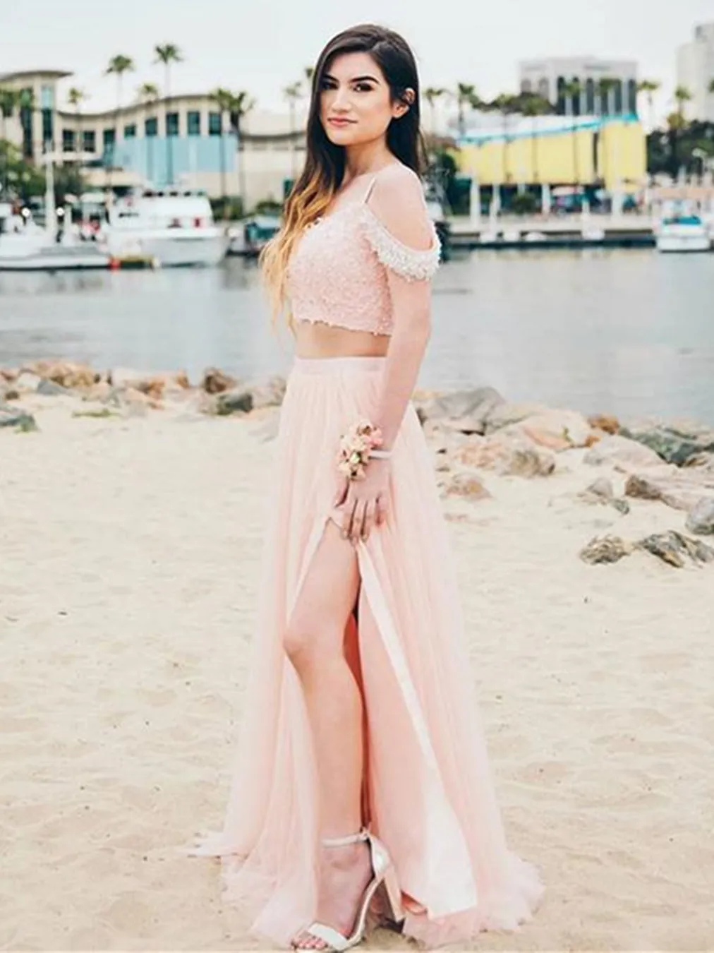 Off the Shoulder Two Pieces Pink Lace Long Prom, 2 Piece Pink Formal, Off Shoulder Pink Evening