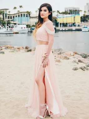 Off the Shoulder Two Pieces Pink Lace Long Prom, 2 Piece Pink Formal, Off Shoulder Pink Evening