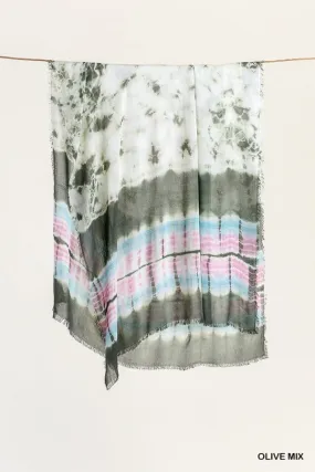 Olive Mix Tie Dye Lightweight Scarf with Frayed Hem Detail