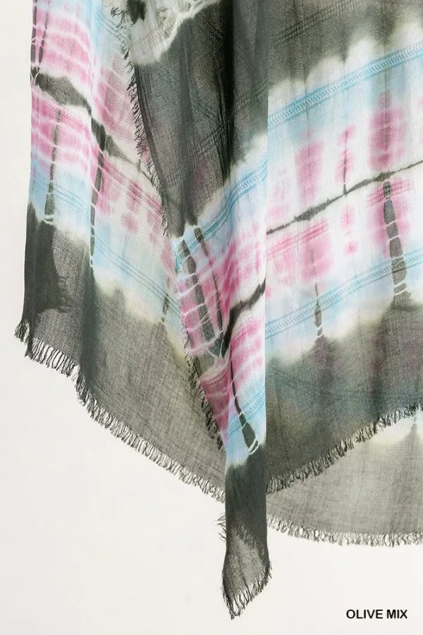 Olive Mix Tie Dye Lightweight Scarf with Frayed Hem Detail