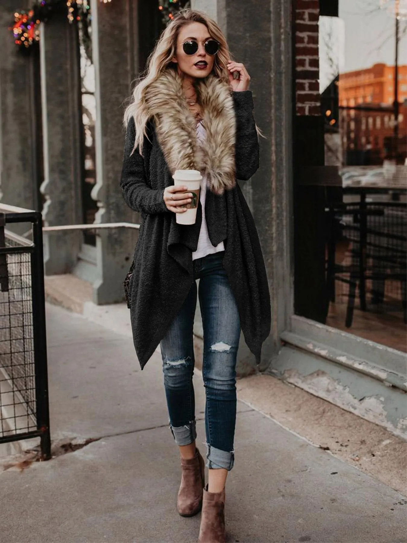 Open Front Faux Fur Collar Cardigan Coat