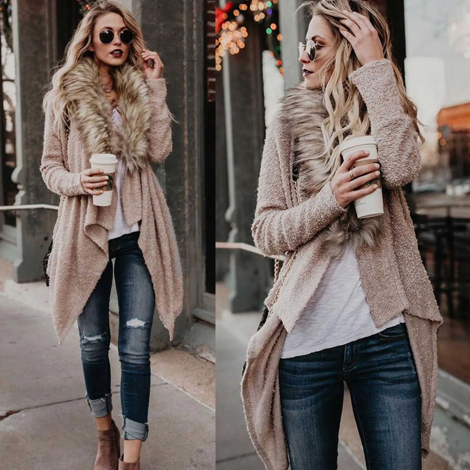 Open Front Faux Fur Collar Cardigan Coat