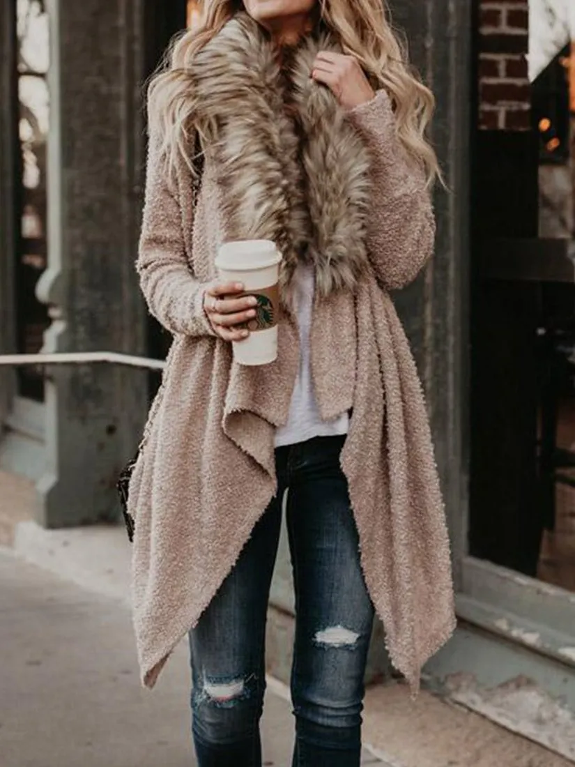 Open Front Faux Fur Collar Cardigan Coat