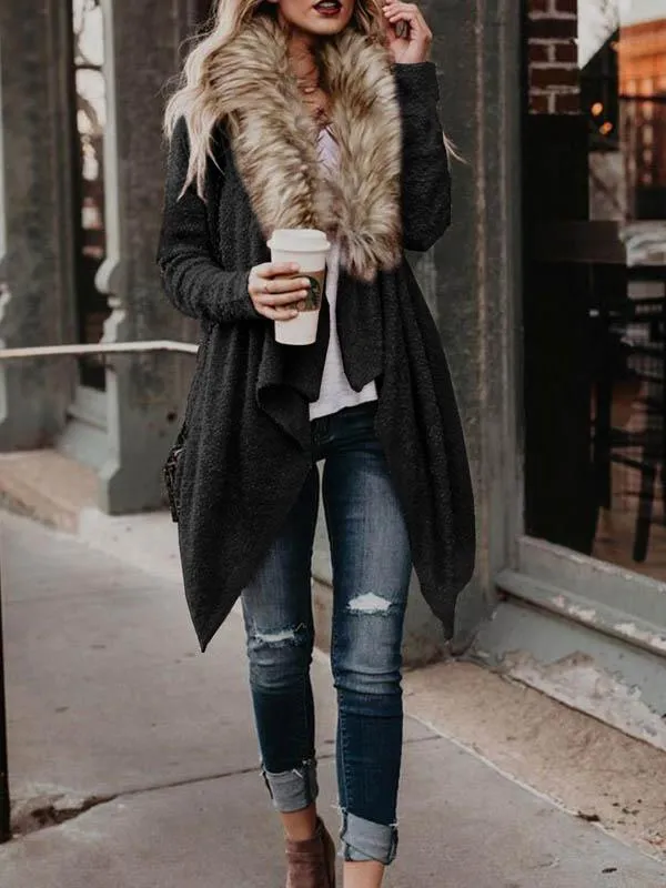 Open Front Faux Fur Collar Cardigan Coat