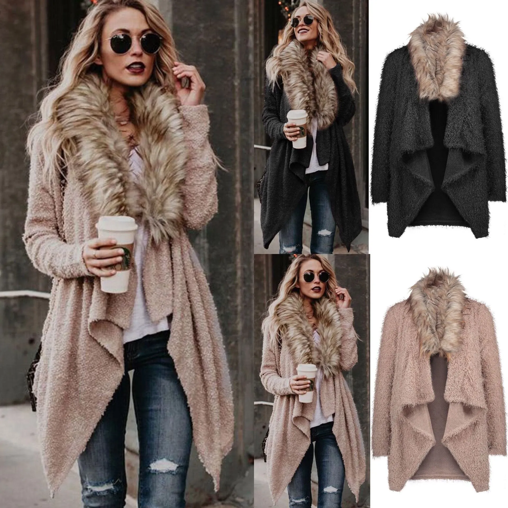 Open Front Faux Fur Collar Cardigan Coat