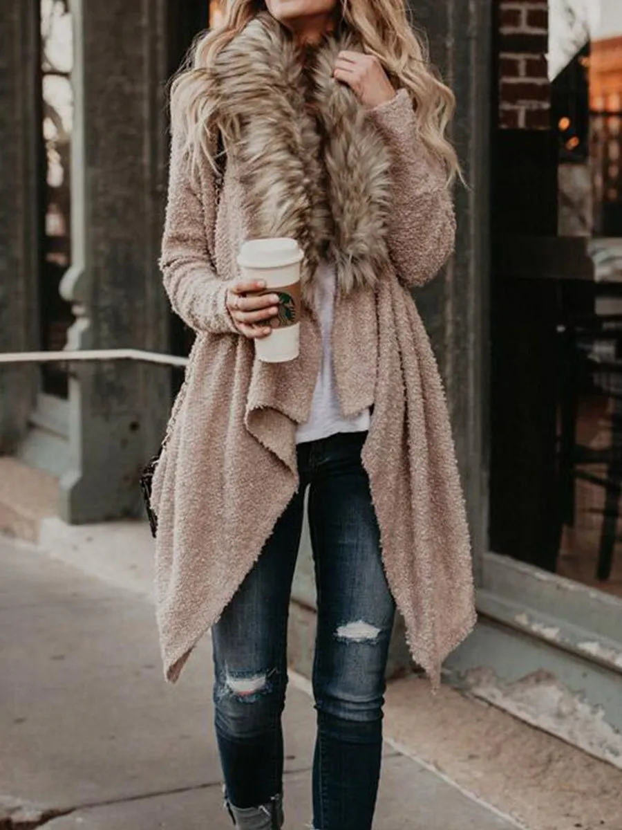 Open Front Faux Fur Collar Cardigan Coat