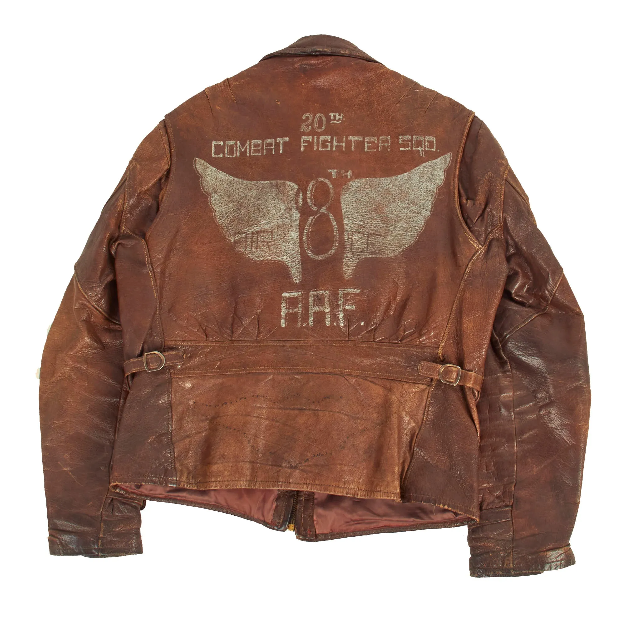 Original U.S. WWII British Made A-2 Style 20th Combat Fighter Squadron, 8th Air Force Painted Leather Motorcycle Jacket