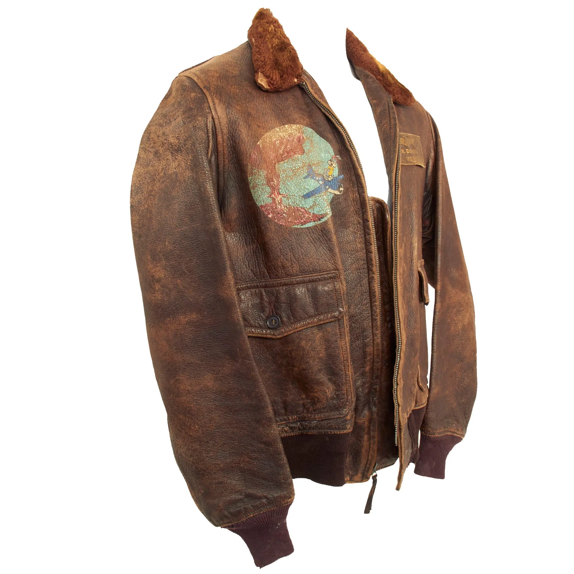 Original U.S. WWII Named US Navy Bomber Squadron G-1 Leather Flying Jacket Featuring Bugs Bunny Squadron Artwork - P.N. Dobson USNR