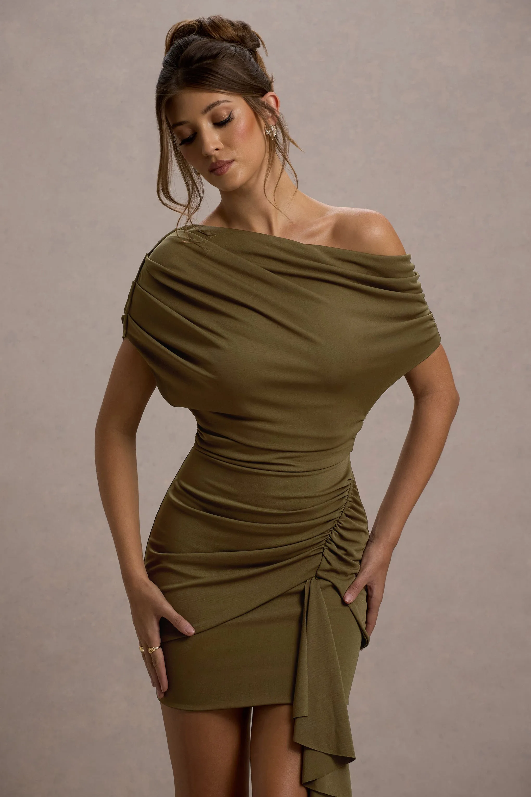 Osmanthus | Khaki Asymmetric Draped Mini Dress