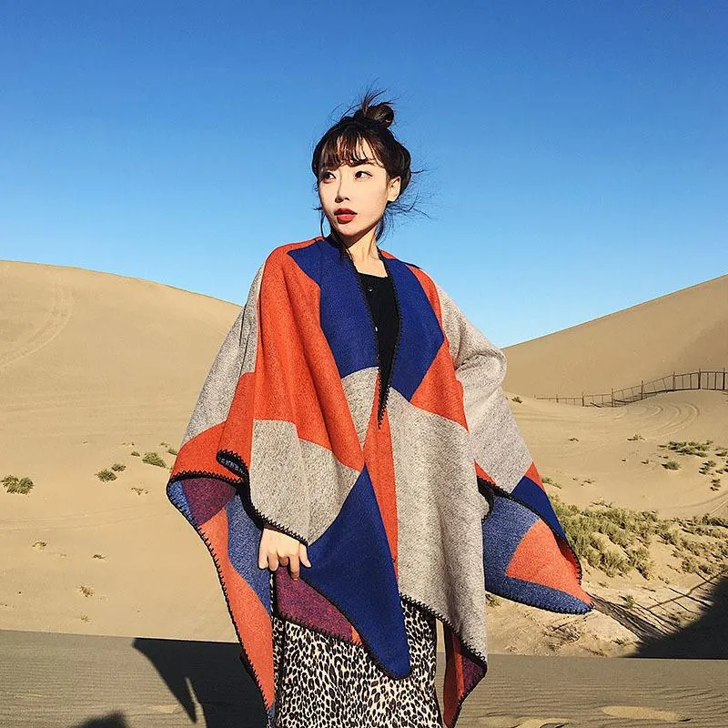 Oversized Thickening Winter Color Block Cloak Shawl