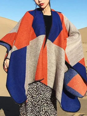 Oversized Thickening Winter Color Block Cloak Shawl