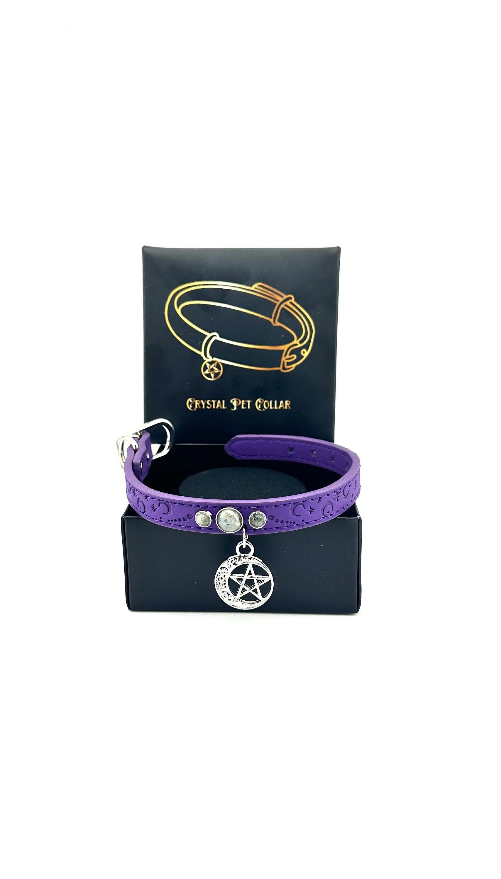 Pet Collar *Different Sizes*: Purple vegan leather, Crescent Moon w/ Pentacle & Triple Moonstones