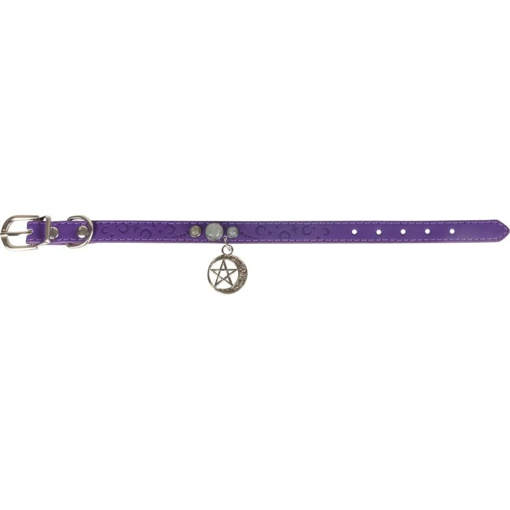 Pet Collar *Different Sizes*: Purple vegan leather, Crescent Moon w/ Pentacle & Triple Moonstones