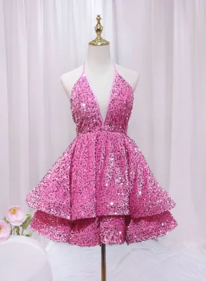 Pink Sequins Halter Backless Short Homecoming Dress, Pink Short Prom Dress