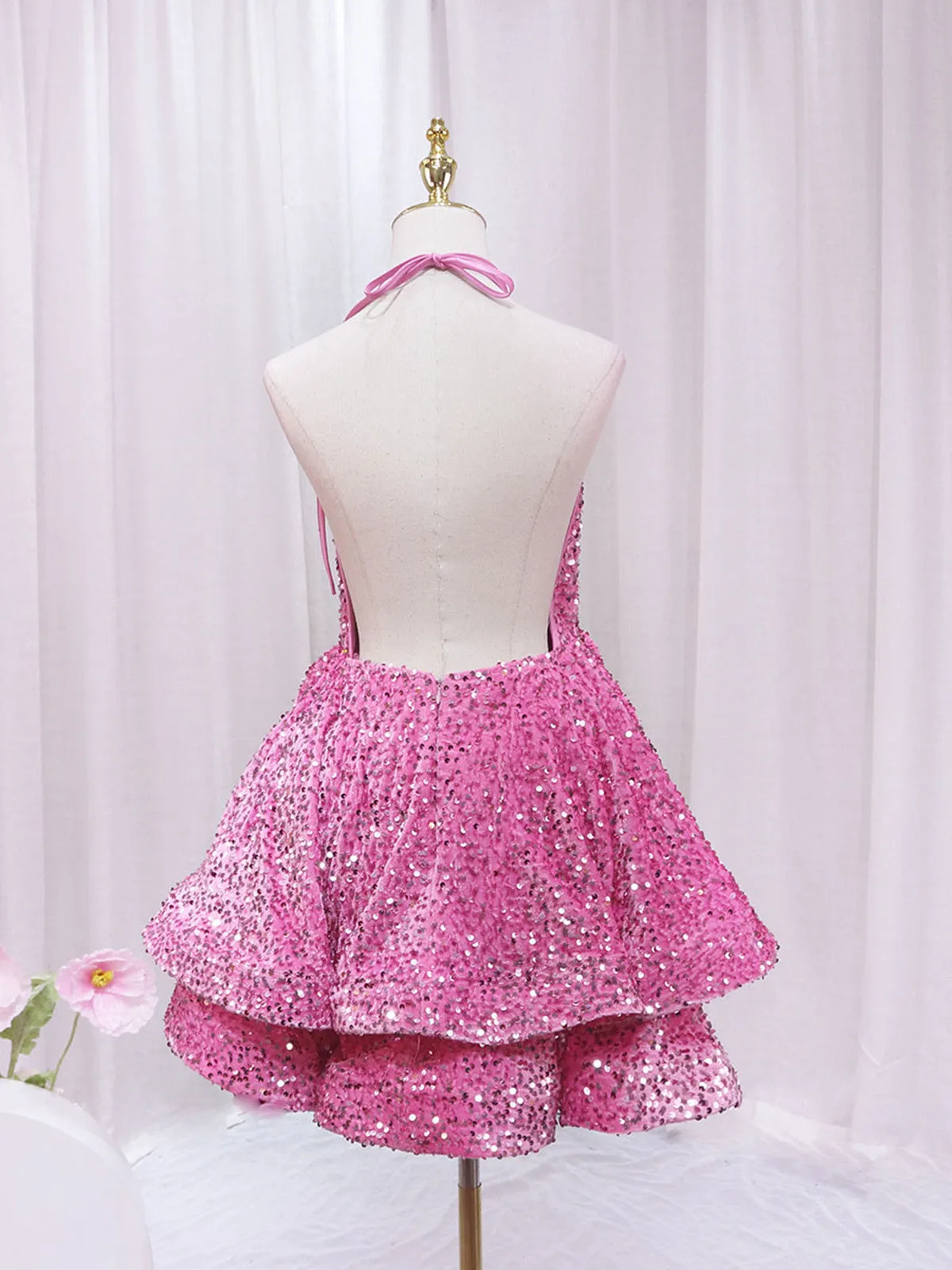 Pink Sequins Halter Backless Short Homecoming Dress, Pink Short Prom Dress