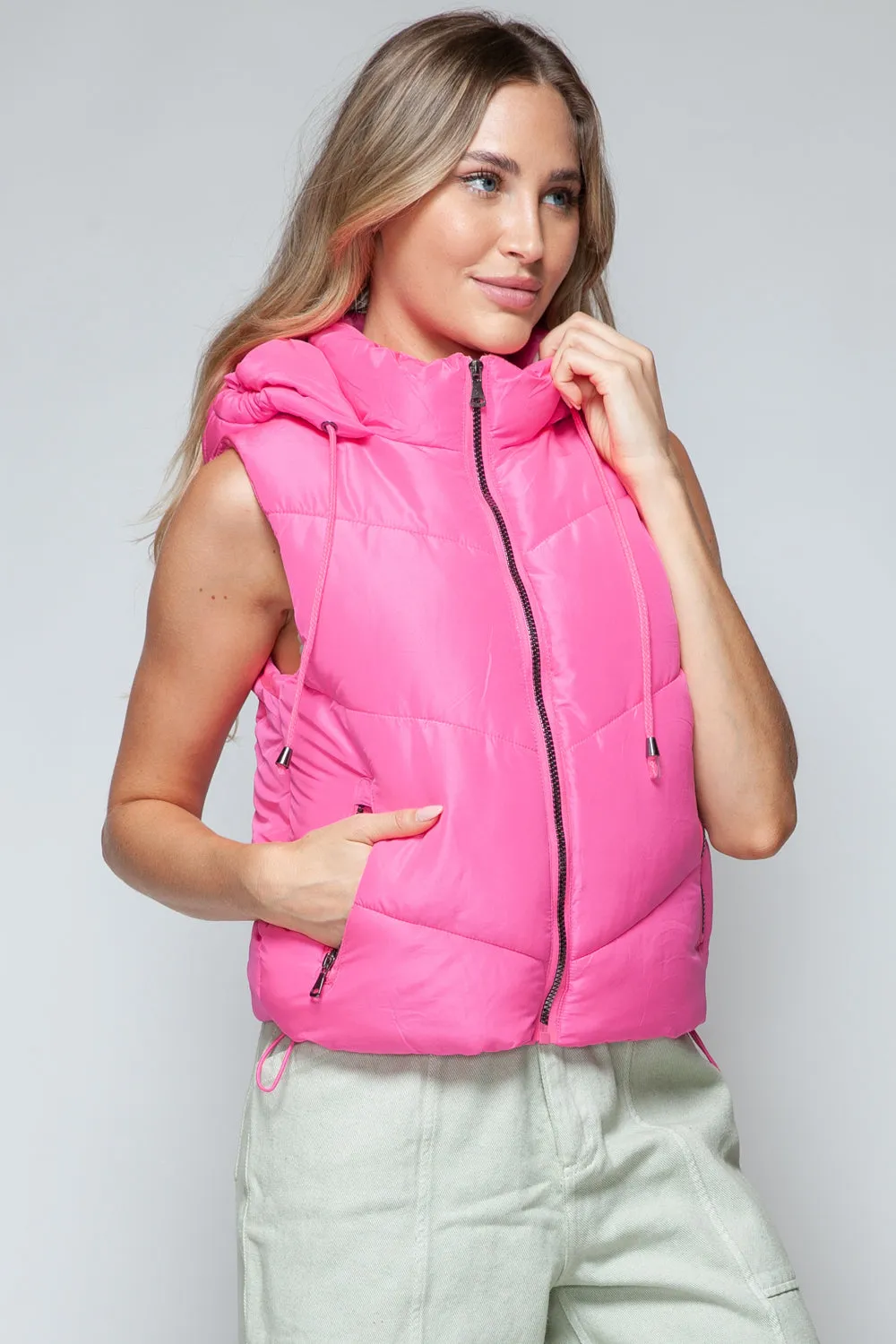 Pink Sleeveless Puffy New Women's Fashion Trending Jacket Zip Up Quilted Hooded Vest