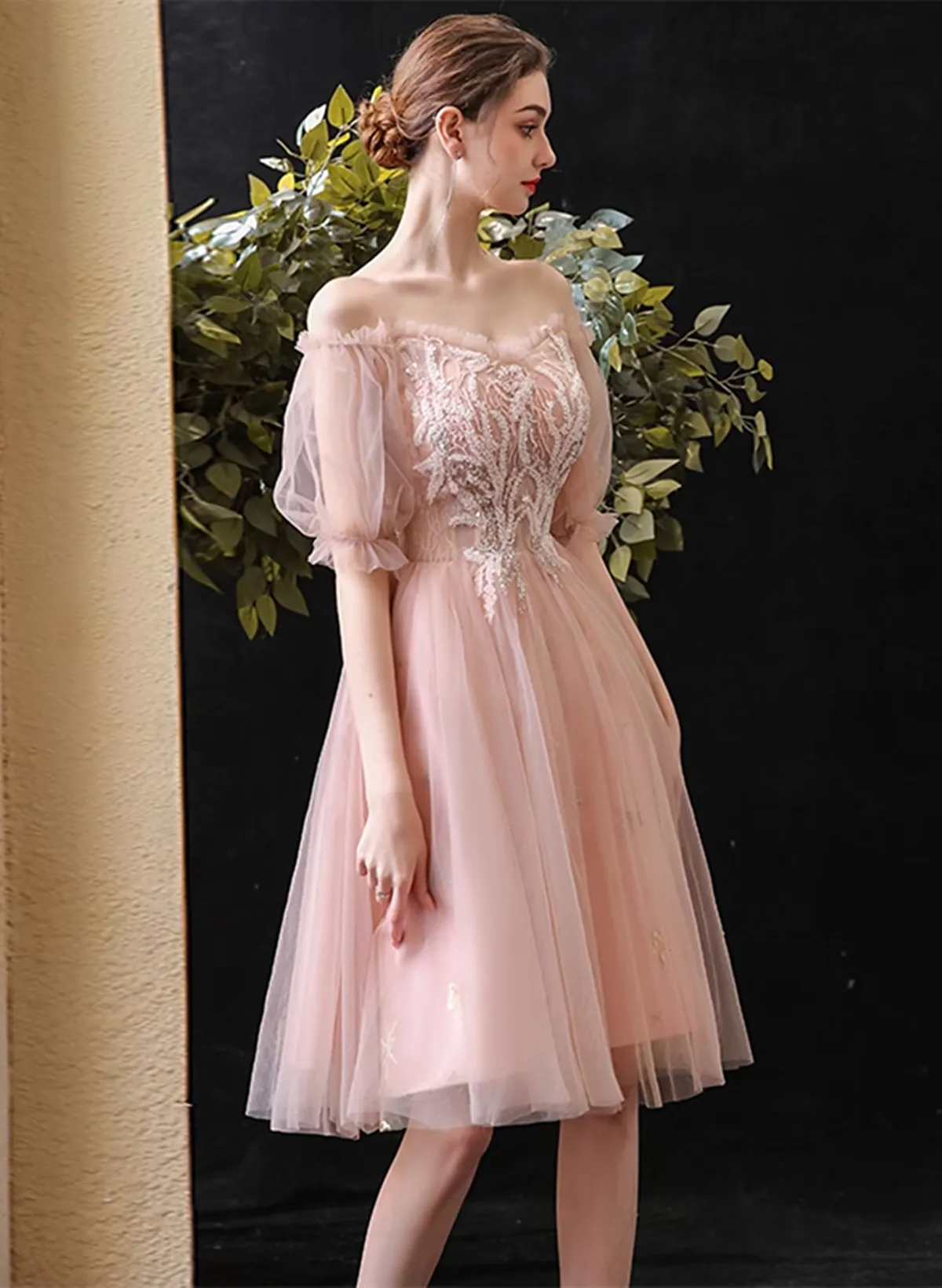 Pink Sweetheart Off Shoulder Knee Length Party Dress, Pink Tulle Homecoming Dress